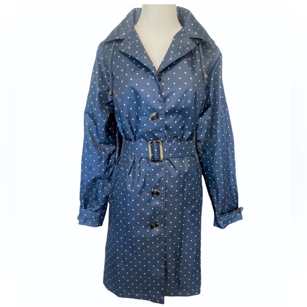 Capelli Women's Water Resistant Rain Trench Coat ~ Blue Polka Dot size M